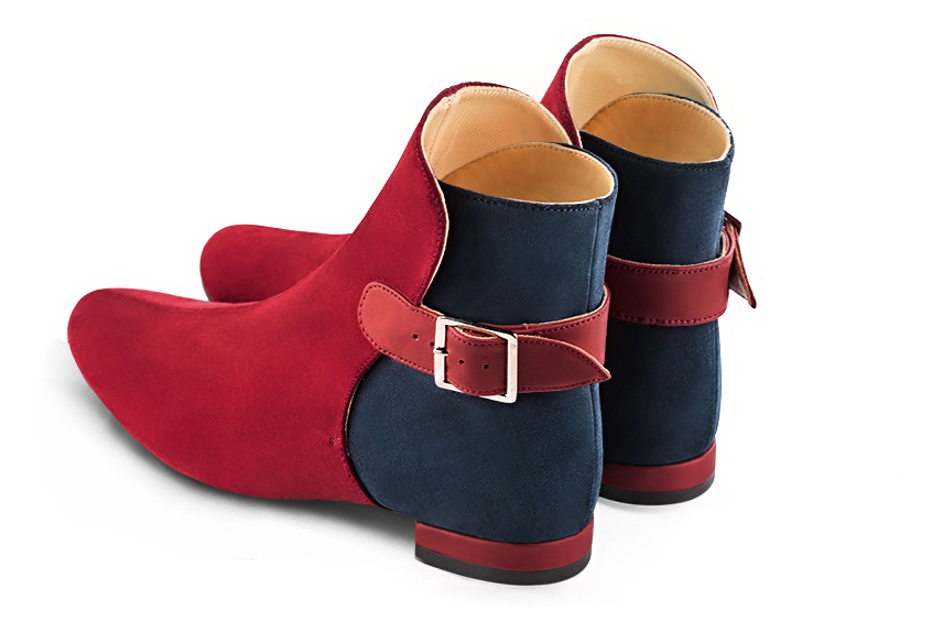 Cardinal red and navy blue women's ankle boots with buckles at the back. Round toe. Flat block heels. Rear view - Florence KOOIJMAN